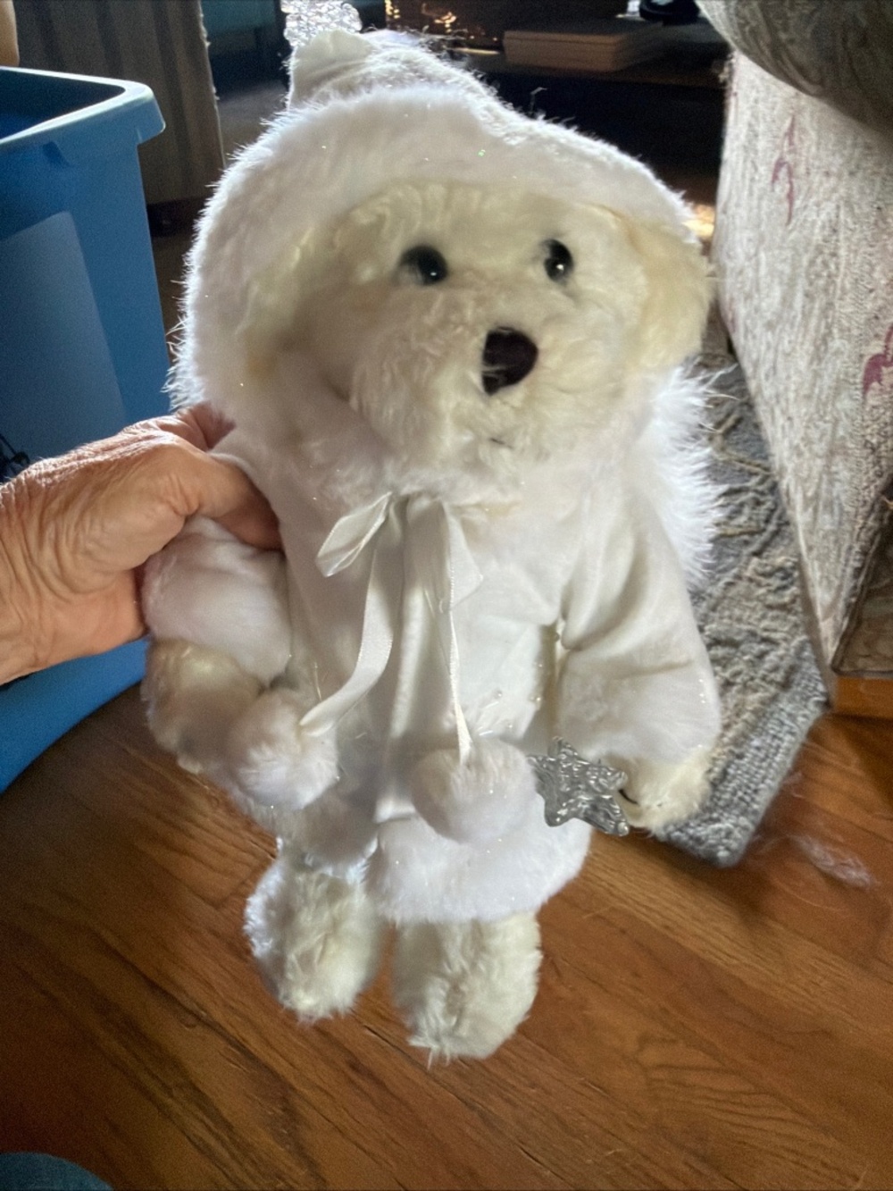 White Plush Teddy Snow Bear Wearing Winter Hooded coat with pom-poms